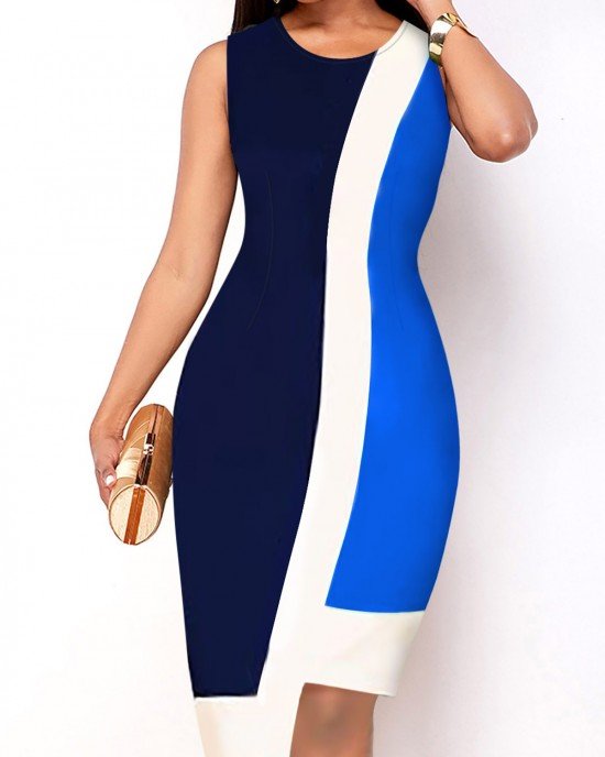Sleeveless Asymmetric Hem Contrast Dress