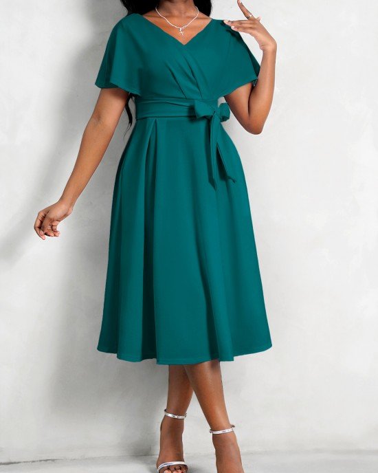 Short Sleeve V Neck Belted Dress