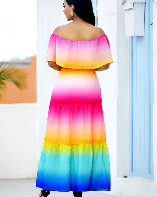 Ruffle Overlay Rainbow Color Printed Maxi Dress