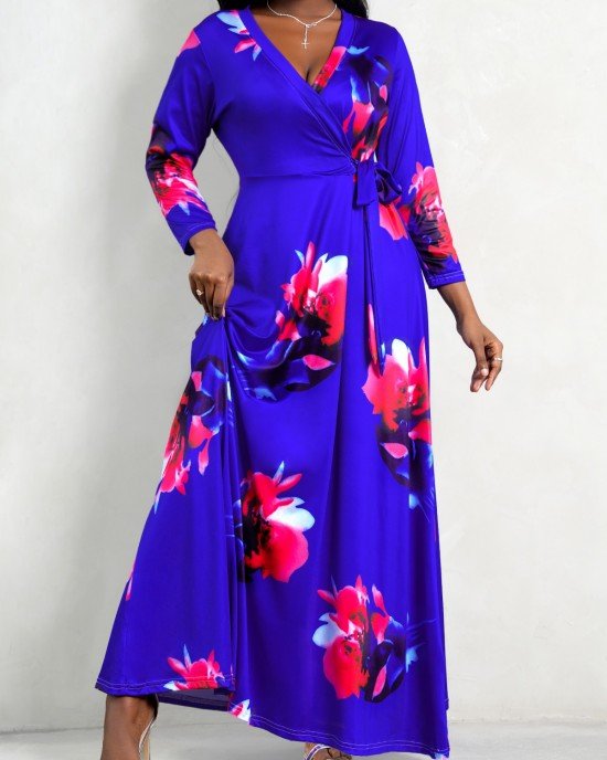 Purplish Blue 3/4 Sleeve Floral Print Dress