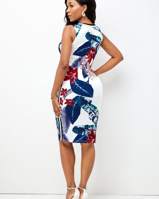 Sleeveless Plant Print V Neck Bodycon Dress