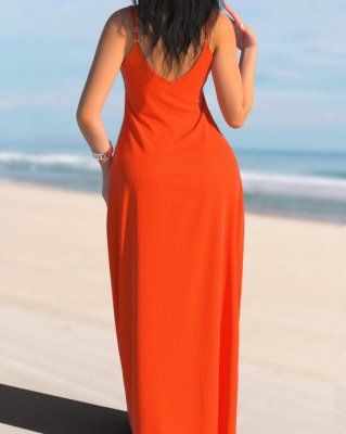 Spaghetti Strap Textured Orange Maxi Dress