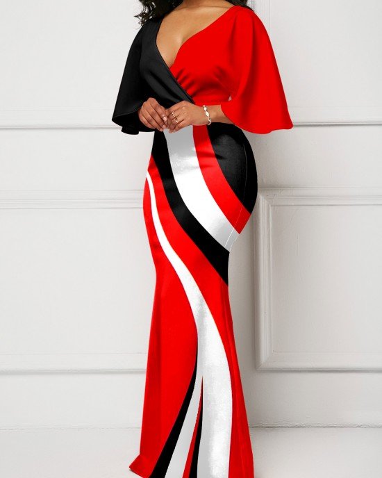 Geometric Print Red V Neck Maxi Dress