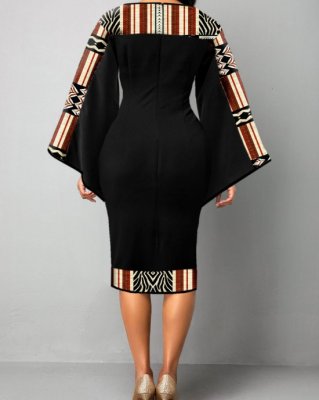 African Tribal Print Patchwork Black Bodycon Dress