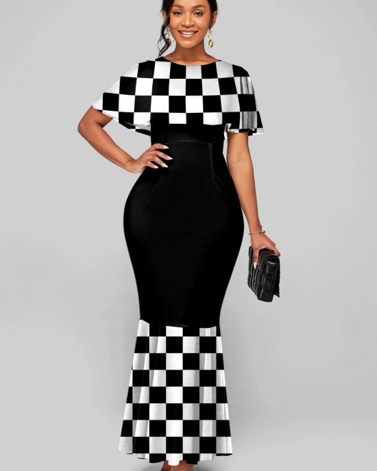 Short Sleeve Round Neck Checkerboard Pattern Mermaid Dress