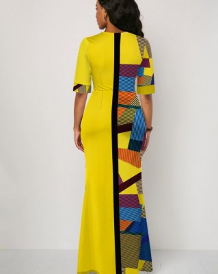 Half Sleeve Geometric Print Yellow Slit Dress