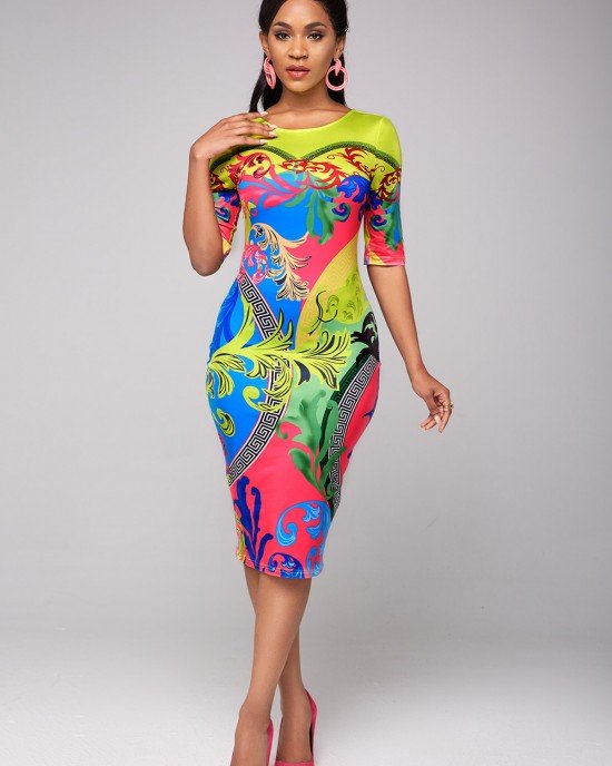 Half Sleeve Tribal Print Round Neck Dress