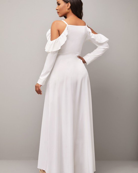 Strappy Cold Shoulder Decorative Button Flounce White Dress