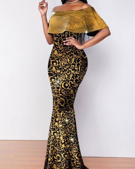 Hot Stamping Golden Off Shoulder Maxi Dress