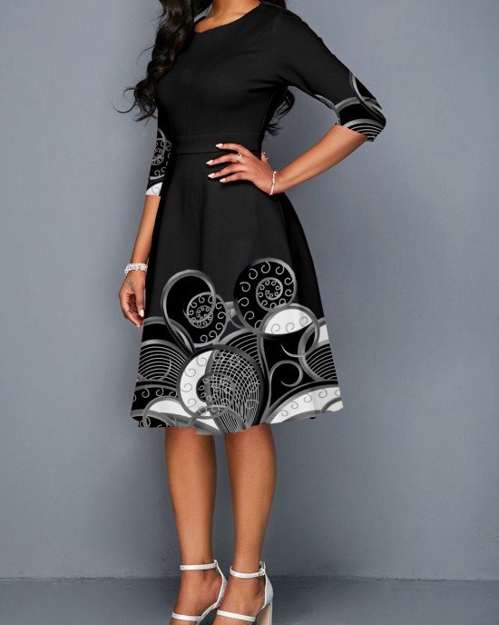 Tribal Print 3/4 Sleeve Round Neck Dress