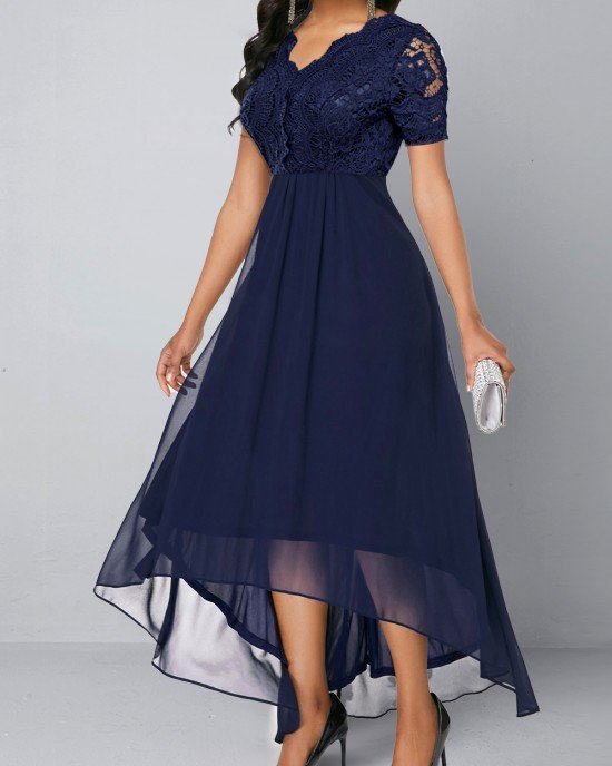 Chiffon Lace Stitching Asymmetric Hem Navy Blue Dress