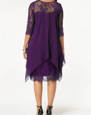 Chiffon Overlay Three Quarter Sleeve Lace Dress