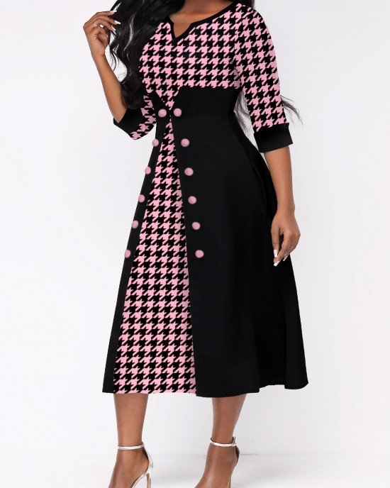 Faux Two Piece Houndstooth Print Pink Dress