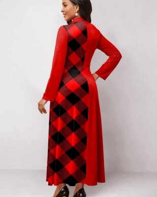 Plaid Patchwork Stand Collar Maxi Dress