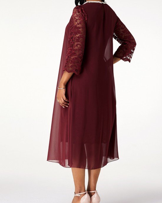 Lace Stitching Pearl 3/4 Sleeve Chiffon Dress