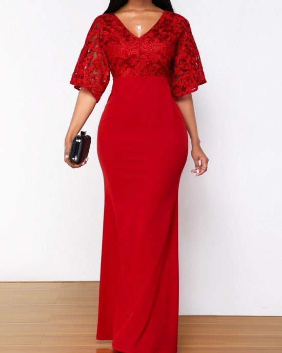 Solid Lace Patchwork 3/4 Sleeve V Neck Dress