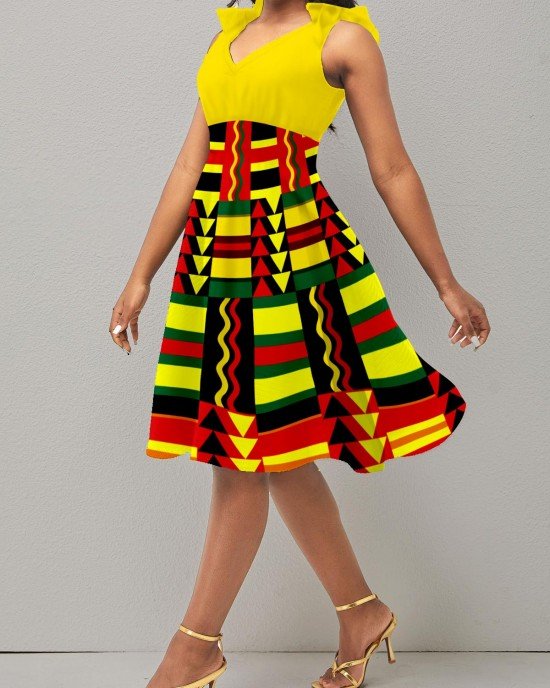 Tribal Print Sleeveless Yellow V Neck Dress