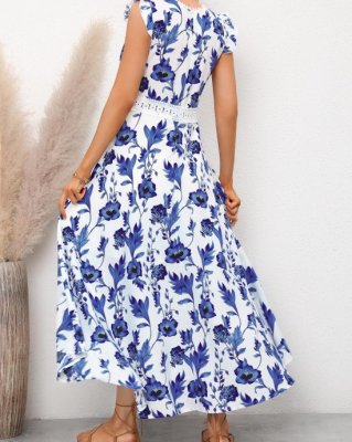 Ruffle Sleeve Floral Print Blue Lace Stitching Dress