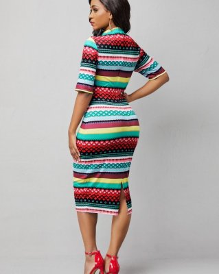 Mock Neck Tribal Print Half Sleeve Bodycon Dress