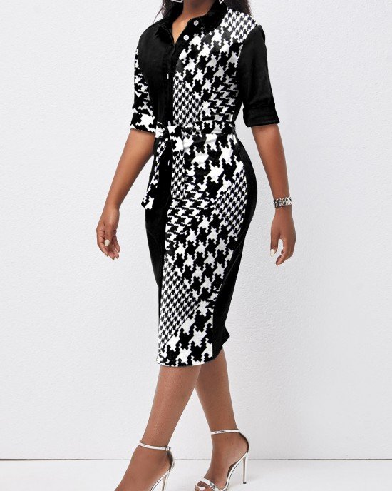 Houndstooth Print Button Belted Black Bodycon Dress