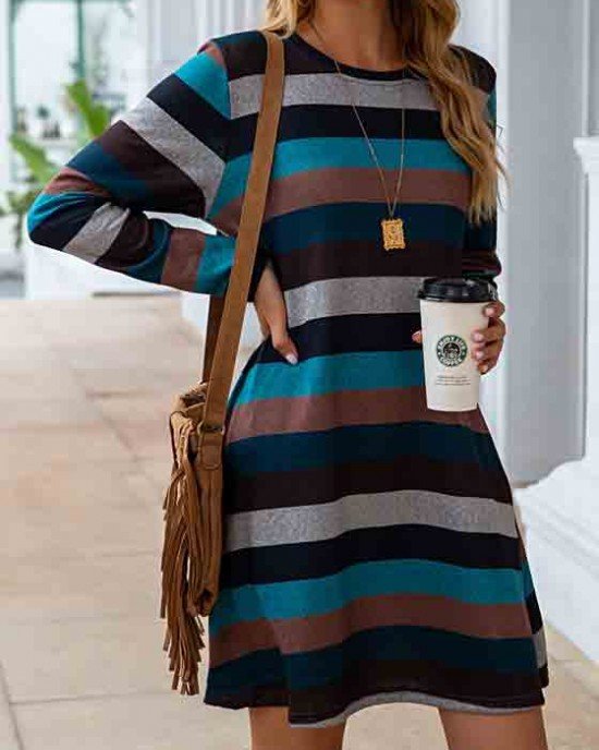 Pocket Long Sleeve Multi Color Striped Dress