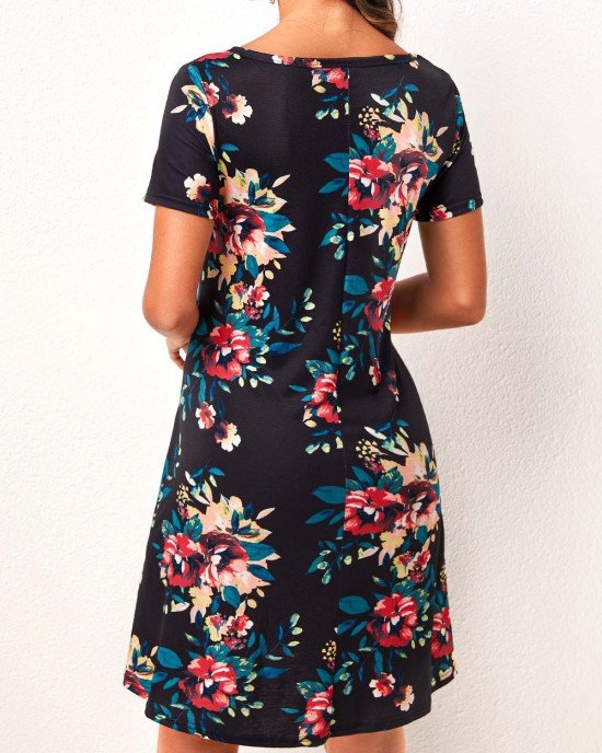 Pocket Floral Print Black Short Sleeve Dress