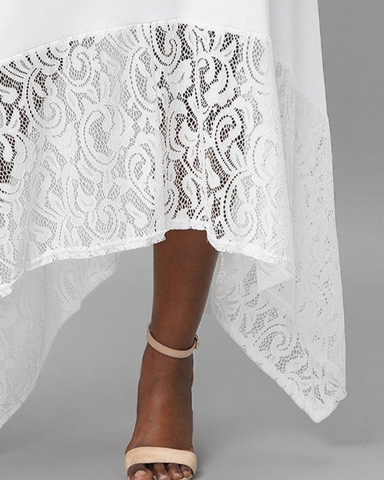 White Lace Stitching Asymmetric Hem Dress