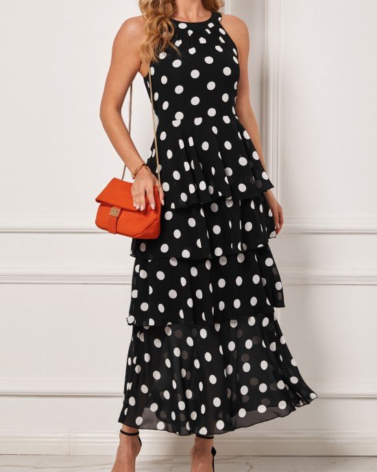 Polka Dot Layered Hem Black Bib Neck Dress