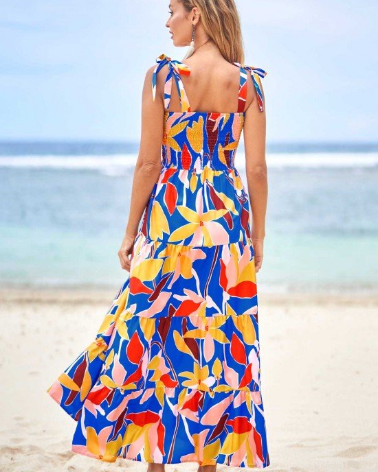 Floral Print Multi Color Tie Shoulder Dress