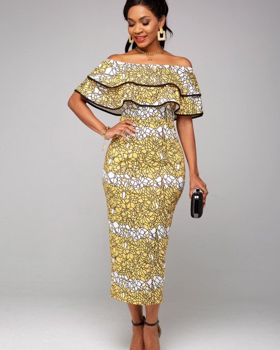 Ruffle Overlay Printed Off Shoulder Dress