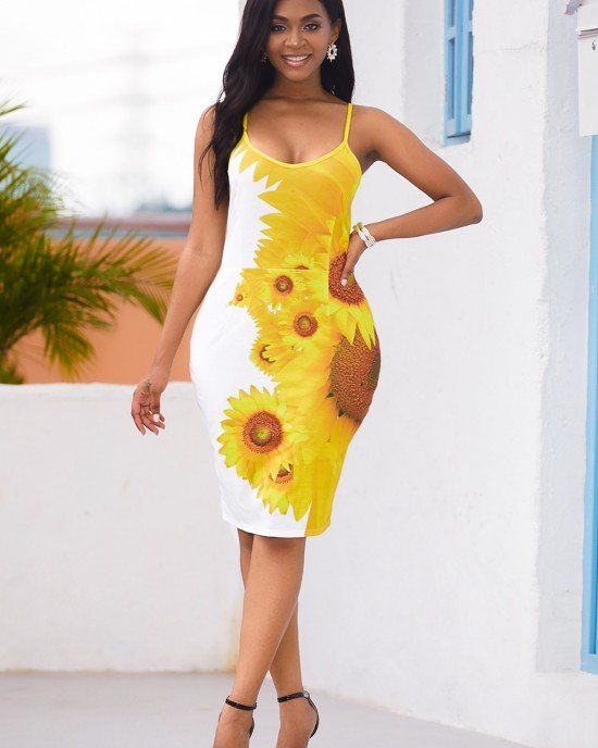 Back Slit Sunflower Print Spaghetti Strap Dress