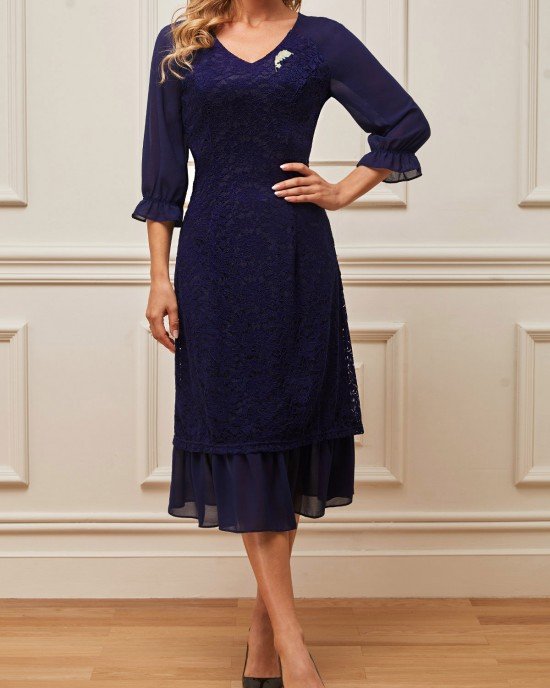 Navy Blue Lace Patchwork V Neck Dress