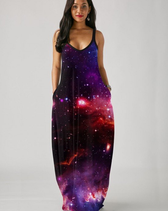 Starry Night Print Side Pocket Maxi Dress