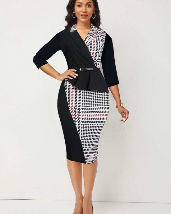 Tartan Print Midi Lapel Black Bodycon Dress