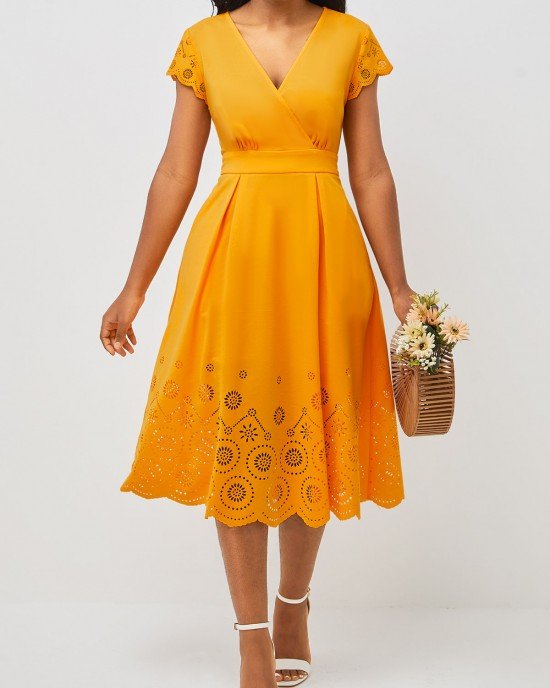 Floral Design Double Side Pockets Orange V Neck Dress