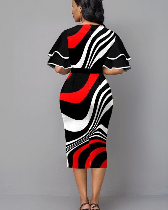 Round Neck Flare Sleeve Color Block Dress