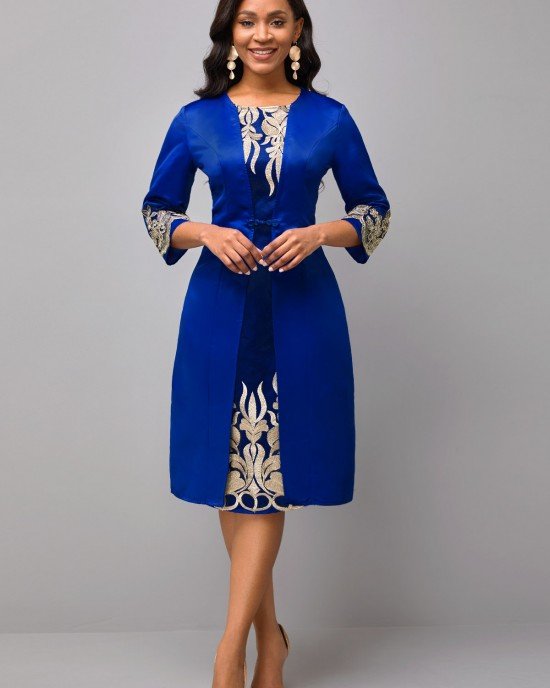 3/4 Sleeve Round Neck Embroidered Dress