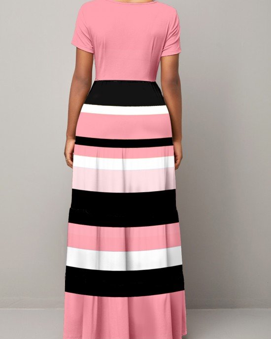 Short Sleeve Round Neck Rainbow Stripe Dress