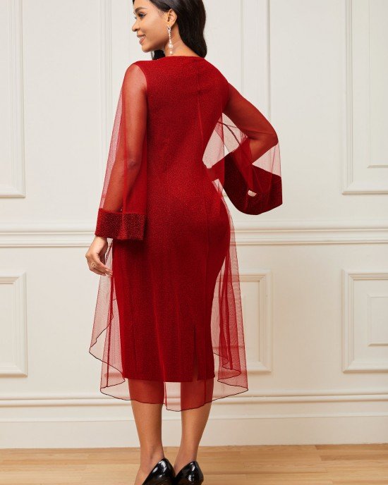 Chiffon Mesh Stitching Wine Red Embellished Neck Dress