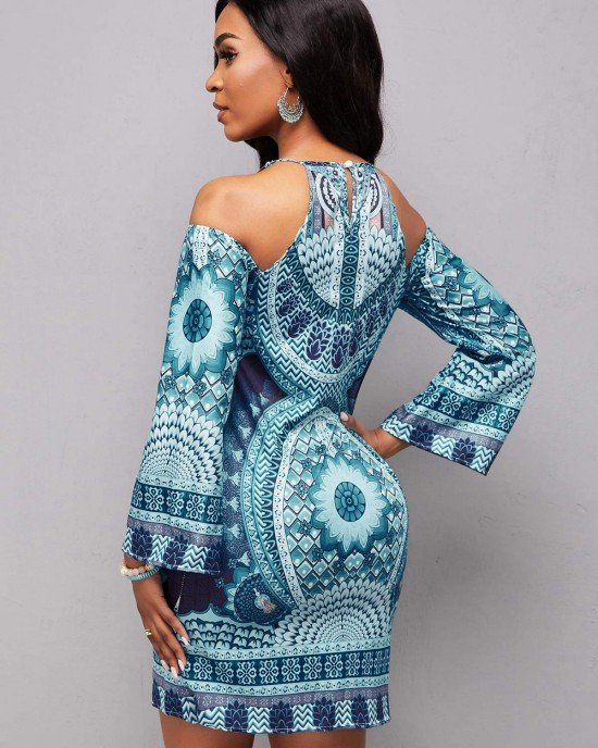 Long Sleeve Bib Neck Tribal Print Bodycon Dress