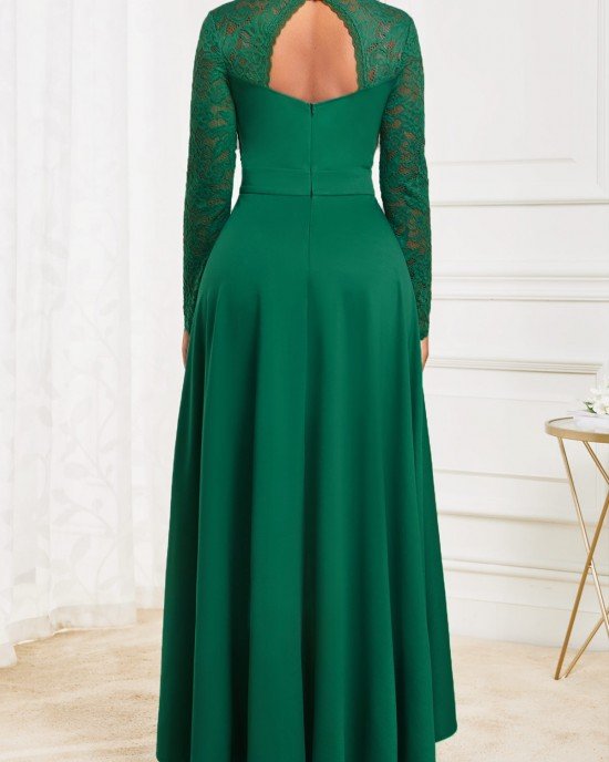 Green High Low V Neck Lace Dress