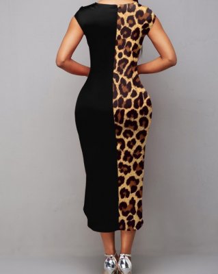 Short Sleeve Boat Neck Leopard Dress