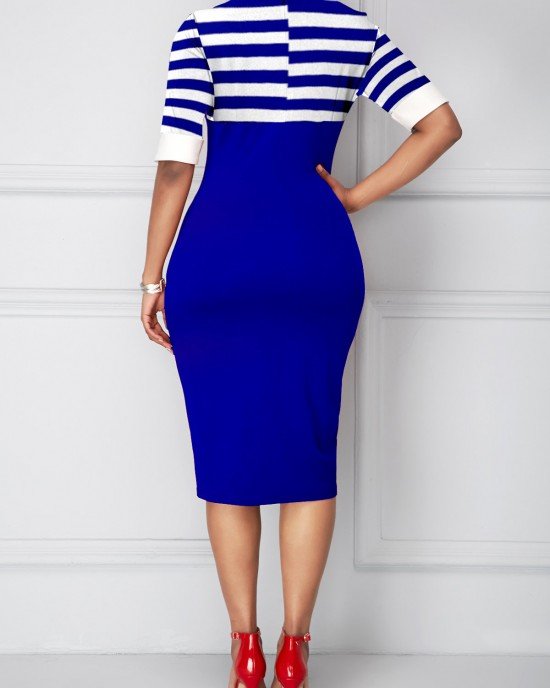 Royal Blue Stripe Print Side Slit Dress