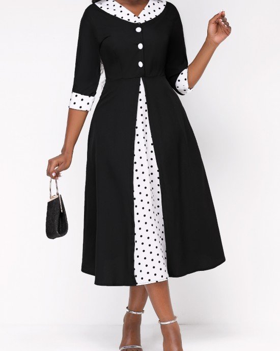 Faux Two Piece Polka Dot Black Dress