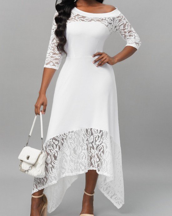 White Lace Stitching Asymmetric Hem Dress