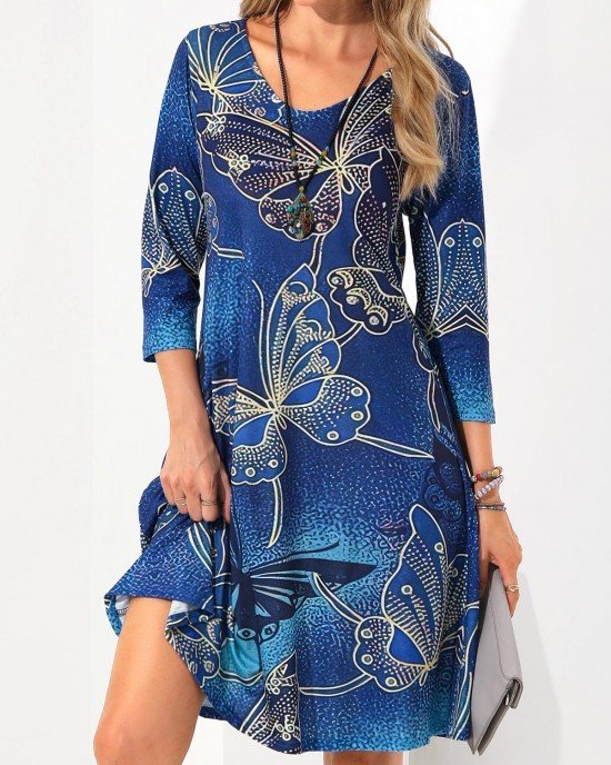 Butterfly Print 3/4 Sleeve Blue Dress