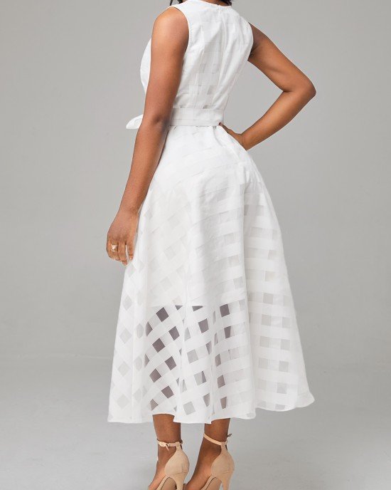 White Mesh Belted Sleeveless Round Neck Dress