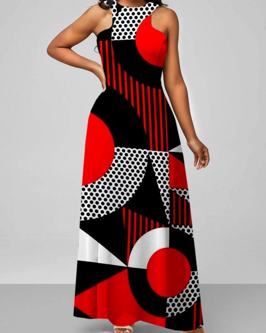 Geometric Print Red Bib Neck Maxi Dress