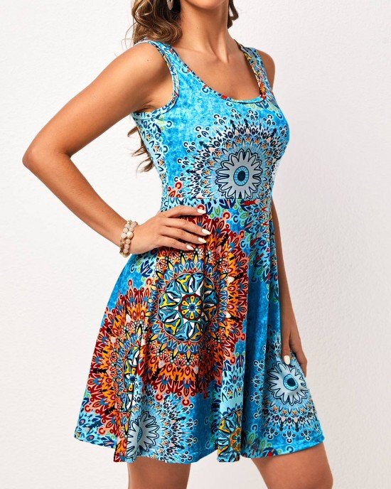 Wide Strap Sky Blue Tribal Print Dress