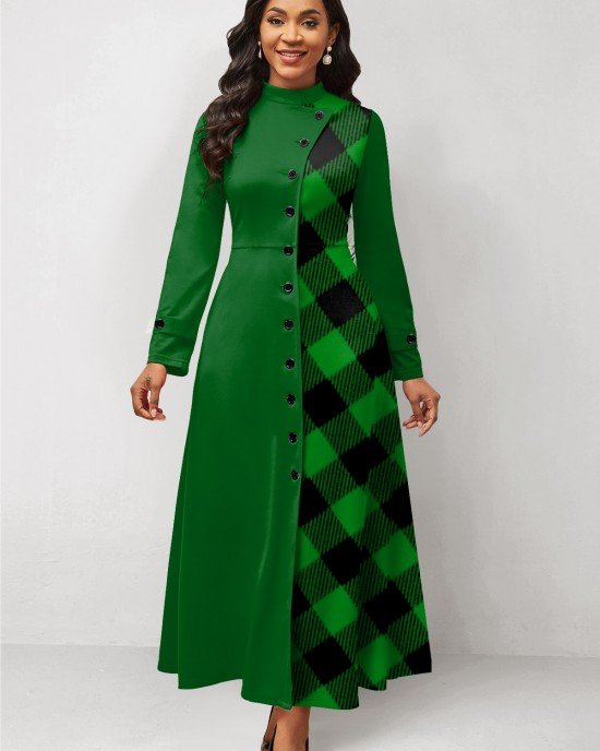 Plaid Patchwork Stand Collar Maxi Dress